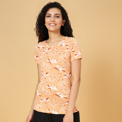Honey By Pantaloons Printed Women Round Neck Orange T-Shirt