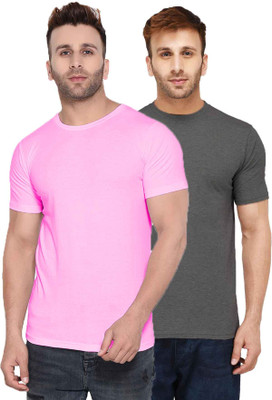 Kroptee Solid Men Round Neck Grey, Pink T-Shirt