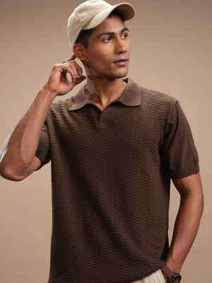 HIGHLANDER Self Design Men Polo Neck Brown T-Shirt