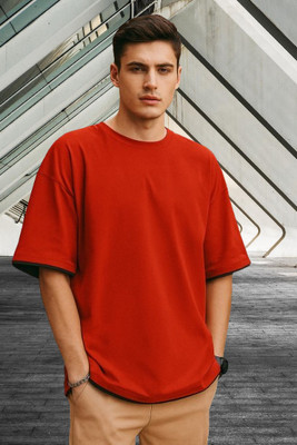 ZEBULUN Solid Men Round Neck Red T-Shirt