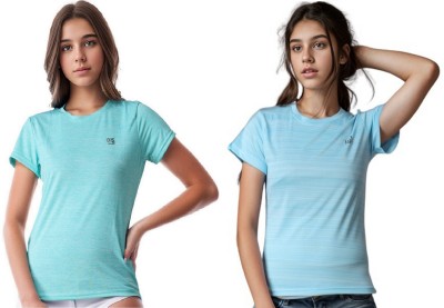 ND Solid Women Round Neck Green, Light Blue T-Shirt