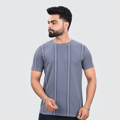 KASPY Striped Men Round Neck Grey T-Shirt