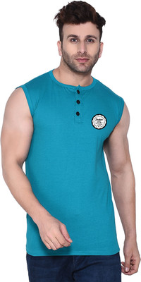 GEUM Printed Men Henley Neck Light Blue T-Shirt