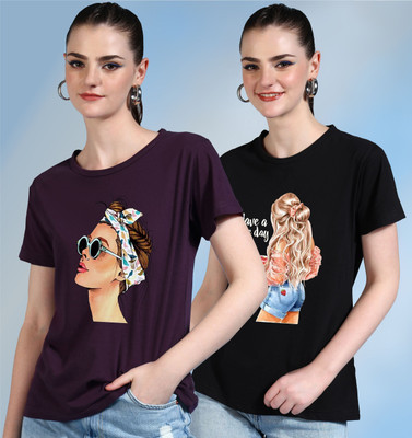 METRONAUT Printed Women Round Neck Purple, Black T-Shirt