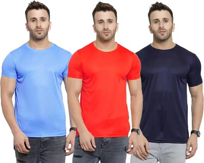 Think Tech Solid Men Round Neck Light Blue, Red, Dark Blue T-Shirt