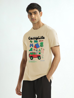 NOBERO Graphic Print Men Crew Neck Beige T-Shirt