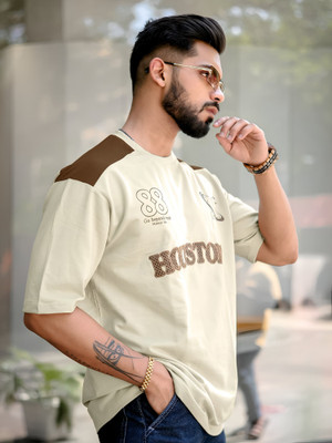MANIAC Printed Men Round Neck Beige T-Shirt