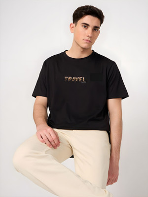 Moda Rapido Self Design Men Round Neck Black T-Shirt