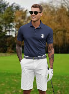 Siya Fashion Printed Men Polo Neck Navy Blue T-Shirt