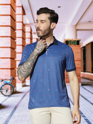 Matronaut Printed Men Polo Neck Blue T-Shirt