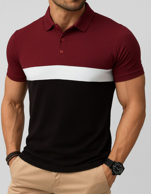 TAZO Solid Men Polo Neck Maroon T-Shirt