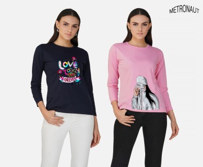 METRONAUT Printed Women Round Neck Navy Blue, Pink T-Shirt