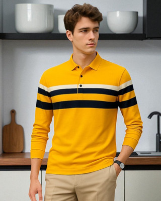 Teezler Striped Men Polo Neck Yellow T-Shirt