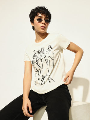 ONLY Printed Women Crew Neck White T-Shirt