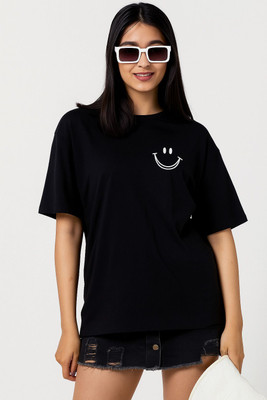 Brokee Graphic Print Women Round Neck Black T-Shirt