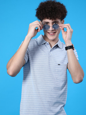 V-MART Striped Men Polo Neck Blue T-Shirt