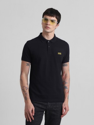 JACK & JONES Solid Men Polo Neck Black T-Shirt