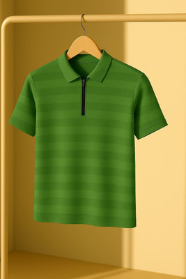 KASPY Striped Men Zip Neck Dark Green T-Shirt