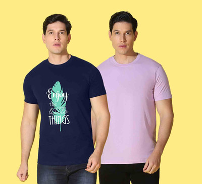 WOOSTRO Printed, Solid Men Round Neck Dark Blue, Purple T-Shirt