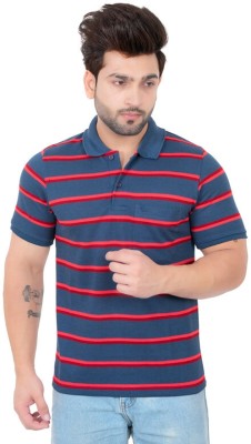 Embro Striped Men Polo Neck Blue T-Shirt