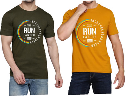 WOOSTRO Printed Men Round Neck Dark Green, Brown T-Shirt