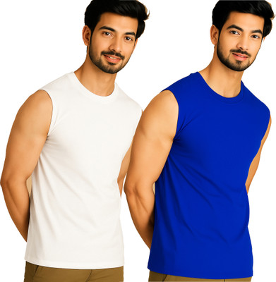 Jangoboy Solid Men Round Neck White, Dark Blue T-Shirt