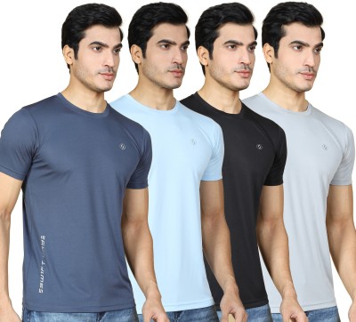 SUPERSQUAD Solid Men Round Neck Black, Grey, Light Blue T-Shirt