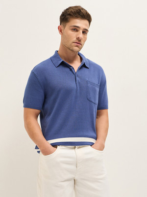 THE BEAR HOUSE Self Design Men Polo Neck Blue T-Shirt