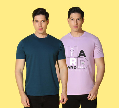 WOOSTRO Printed, Solid Men Round Neck Purple, Blue T-Shirt