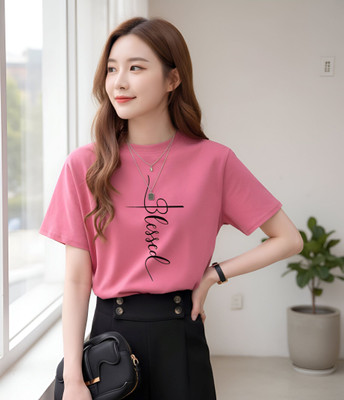 FAIRIANO Printed Women Round Neck Pink T-Shirt