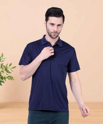 JazzyFashion Solid Men Polo Neck Navy Blue T-Shirt