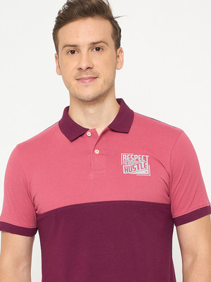Auxamis Colorblock Men Polo Neck Maroon, Pink T-Shirt