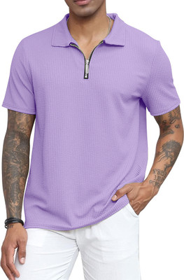 Denzolee Self Design Men Zip Neck Purple T-Shirt