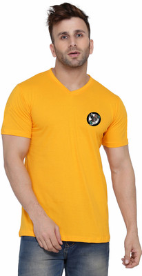 GEUM Printed Men V Neck Yellow T-Shirt
