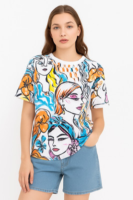 Fashonic Printed Women Round Neck White T-Shirt