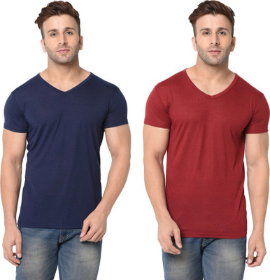 Tresna Trending Solid Men V Neck Dark Blue, Maroon T-Shirt
