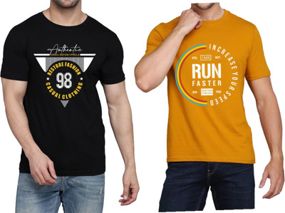 WOOSTRO Printed Men Round Neck Black, Brown T-Shirt