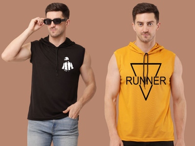 Mundali Printed Men Hooded Neck Black, Yellow T-Shirt