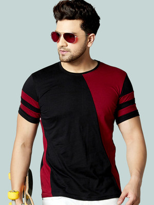 AUSK Colorblock Men Round Neck Maroon, Black T-Shirt