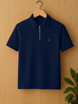 Yazole Printed Men Polo Neck Navy Blue T-Shirt