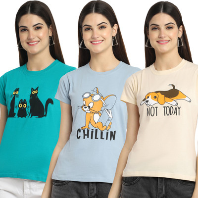 Fabflee Graphic Print, Typography Women Round Neck Multicolor T-Shirt