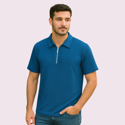 METRONAUT Striped Men Zip Neck Blue T-Shirt