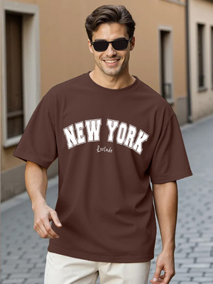 JUST ROAR Printed Men Round Neck Brown T-Shirt