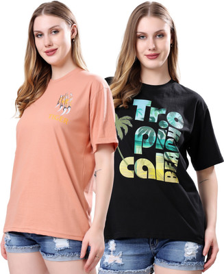 London Hills Graphic Print Women Round Neck Black, Orange T-Shirt