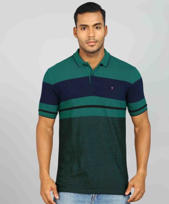 Louis Philippe Sport Striped Men Polo Neck Dark Blue, Dark Green T-Shirt