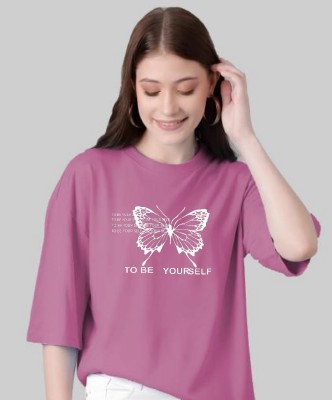 NVYARI Printed Women Round Neck Pink T-Shirt