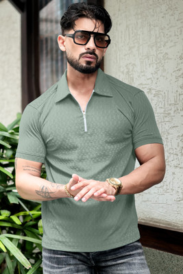 Manlino Self Design Men Zip Neck Green T-Shirt