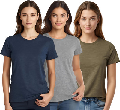 SHARXTRENDS Solid Women Round Neck Black, Grey, Silver T-Shirt