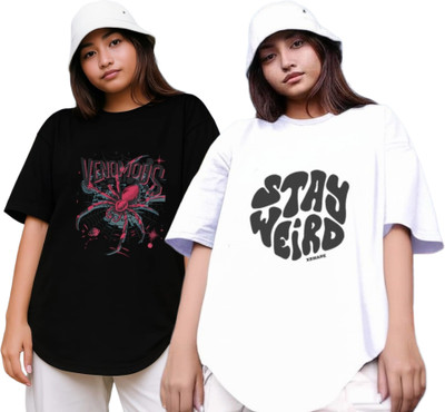 R S Fashion Printed Women Round Neck Black, White T-Shirt