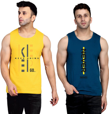 SLOWLORIS Printed Men Round Neck Yellow, Dark Blue T-Shirt